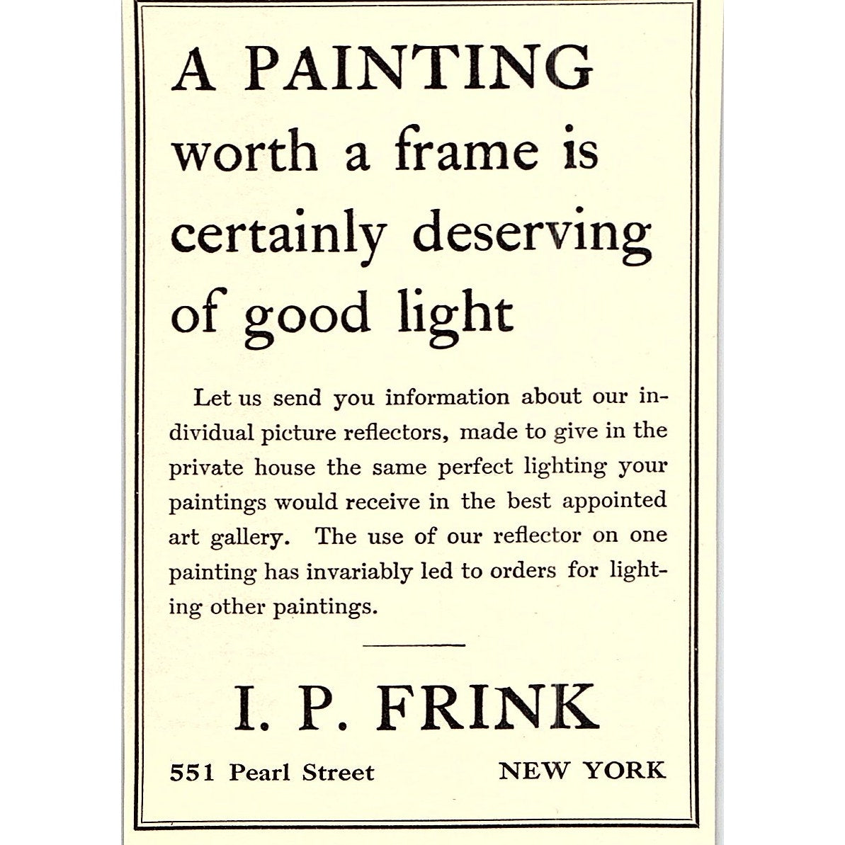 I.P. Frink Art Lighting 551 Pearl Street New York - 1908 Ad AF5-5