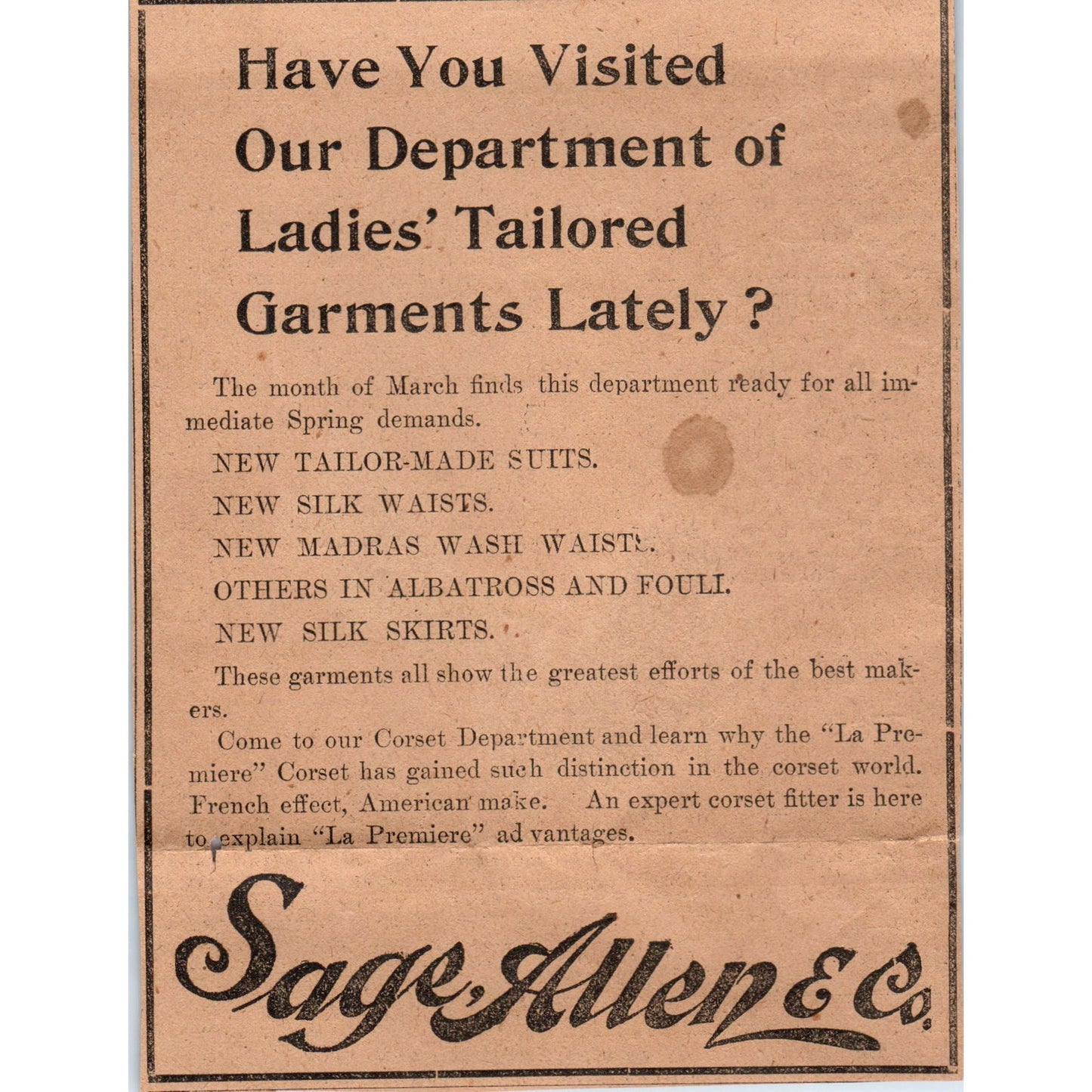 Sage, Allen & Co Tailors Hartford 1901 Newspaper Ad AD8-H1