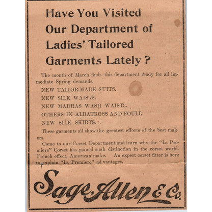 Sage, Allen & Co Tailors Hartford 1901 Newspaper Ad AD8-H1