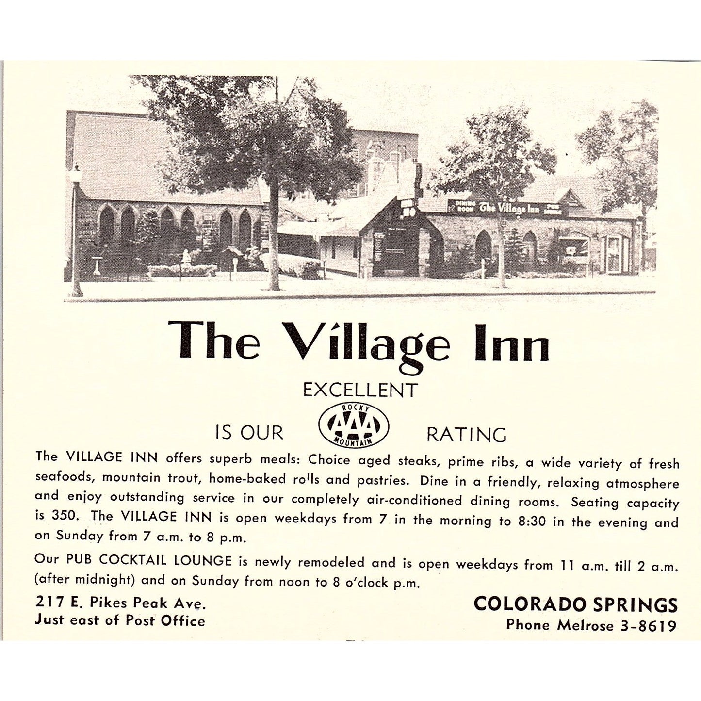Ruth's Oven Restaurant, The Village Inn Colorado Springs 1958 Ad AG1-H2
