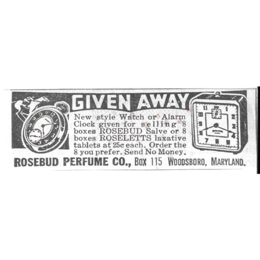Rosebud Perfume Co. New Style Watch or Alarm Clock Woodsboro MD 1936 Ad SAG4-S12
