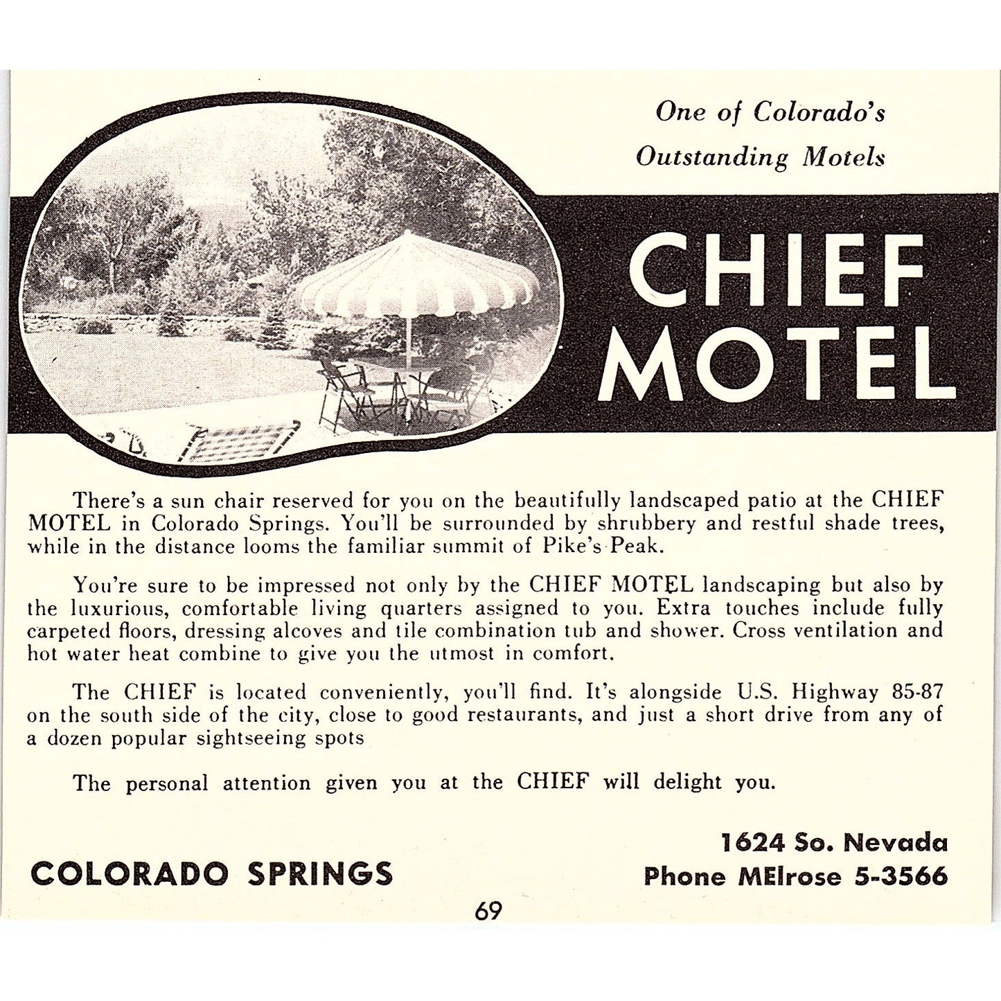 Chief Motel, Dream Lodge Colorado Springs CO 1958 Ad AG1-H2