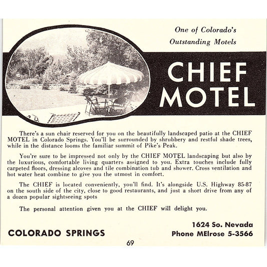 Chief Motel, Dream Lodge Colorado Springs CO 1958 Ad AG1-H2