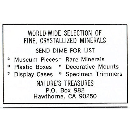 Nature's Treasures Crystallized Minerals Hawthorne CA 1972 Ad AF8-M3