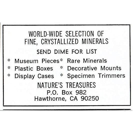 Nature's Treasures Crystallized Minerals Hawthorne CA 1972 Ad AF8-M3