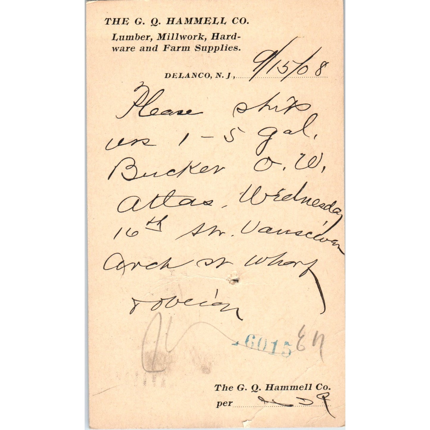 1908 The G.Q. Hammell Co Lumber Millwork Delanco NJ Postal Mailing Card PE6