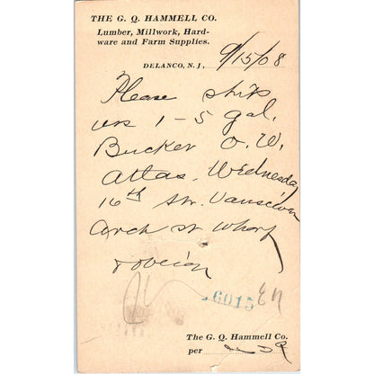 1908 The G.Q. Hammell Co Lumber Millwork Delanco NJ Postal Mailing Card PE6