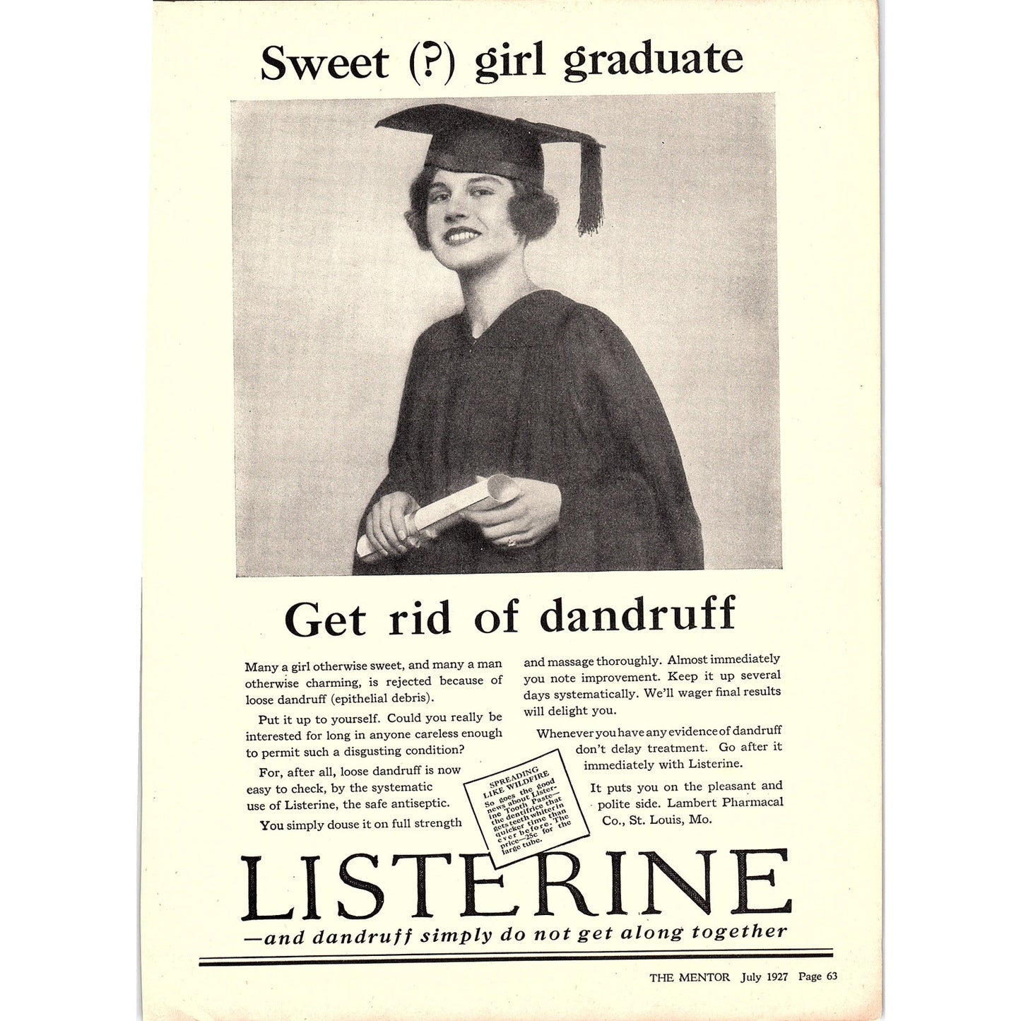 Listerine - Get Rid of Dandruff - Sweet Girl Graduate Ad 1927 AG3-6