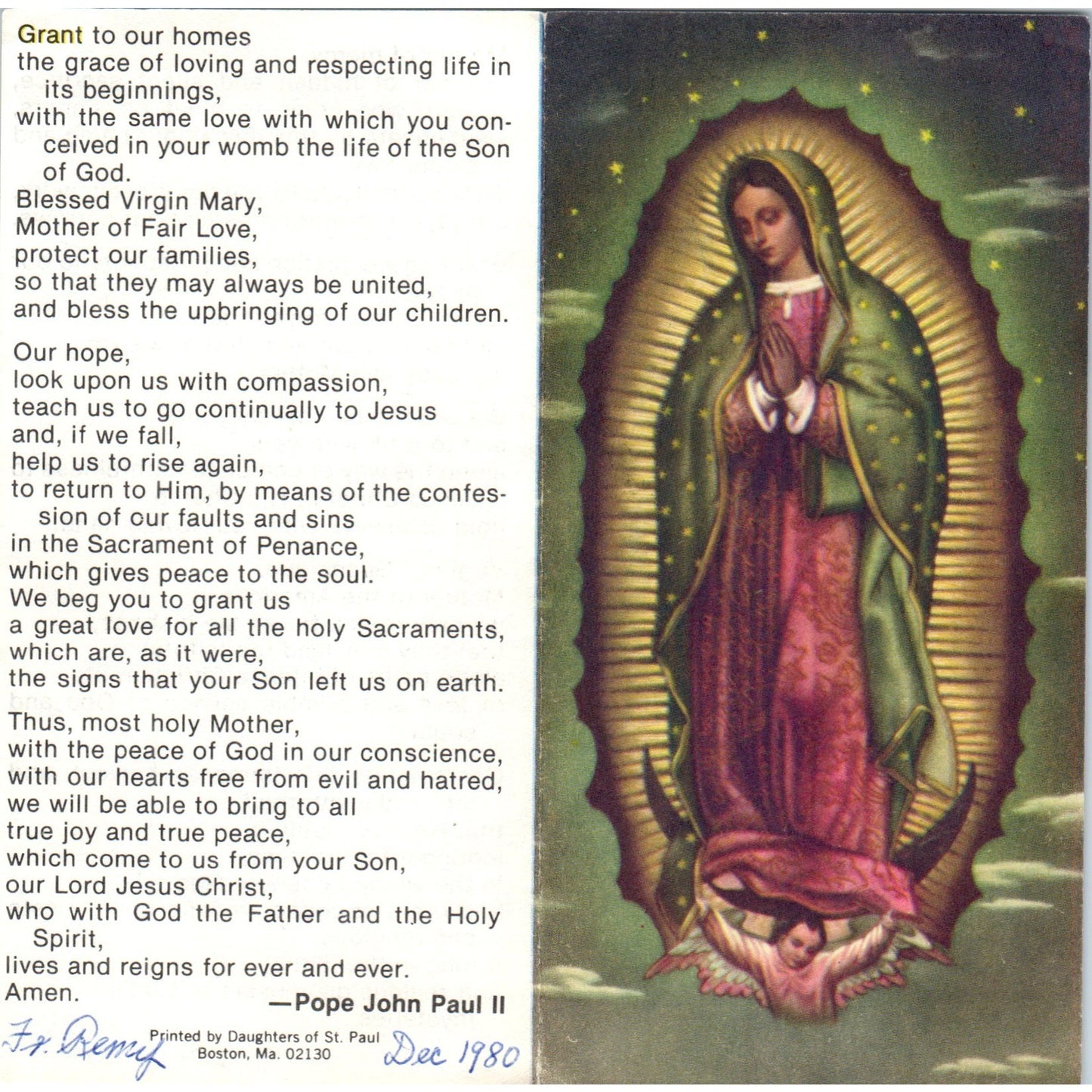 Pope John Paul II Prayer to Virgin of Guadalupe Vintage Prayer Leaflet TH2-PC2