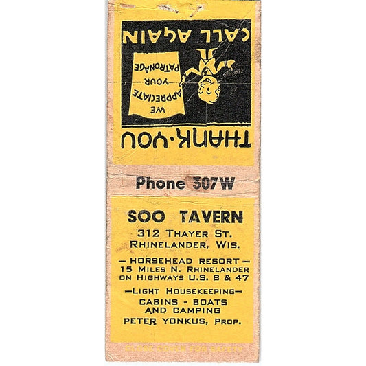 Soo Tavern Rhinelander WI Vintage Matchbook Cover SC7-Y4