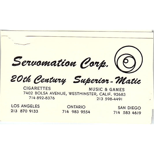 Servomation Corp Superior-Matic Westminster CA Vintage Business Card SE5-B1