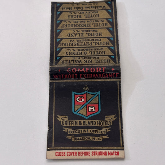 Griffin & Bland Hotels Raleigh NC Executive Office Matchbook Cover TB8-MB-12