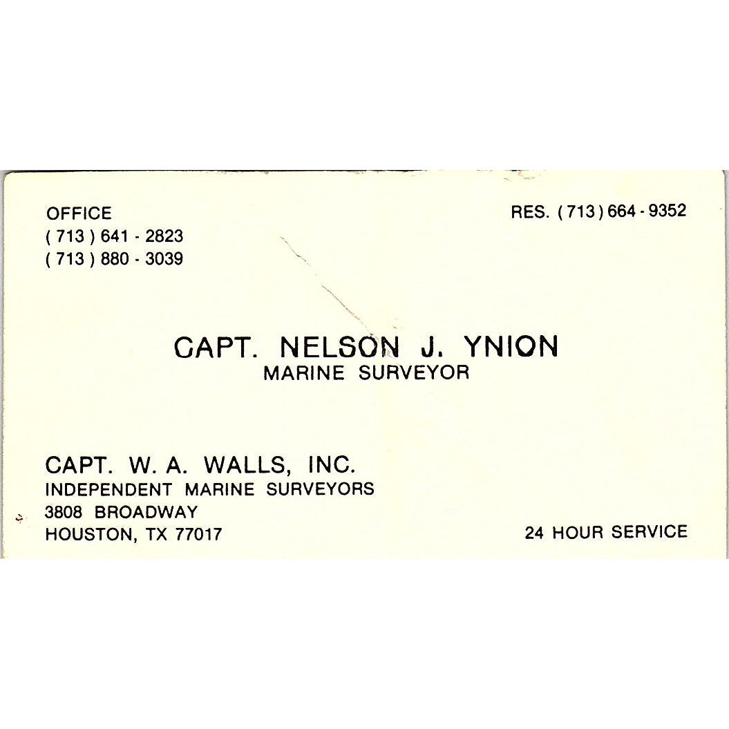 Capt Nelson J Ynion, W.A. Walls Inc Marine Houston Vintage Business Card SD9-B7