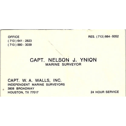 Capt Nelson J Ynion, W.A. Walls Inc Marine Houston Vintage Business Card SD9-B7