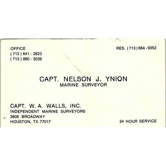 Capt Nelson J Ynion, W.A. Walls Inc Marine Houston Vintage Business Card SD9-B7
