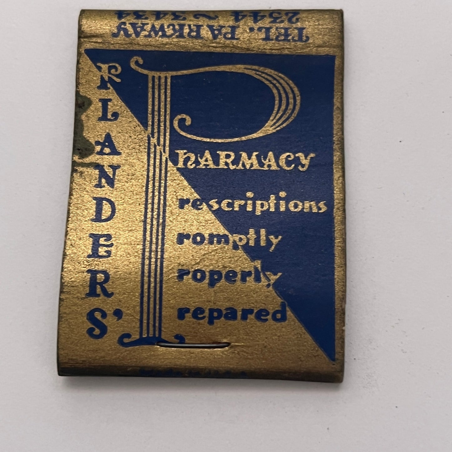 Flanders Pharmacy Temple St. West Roxbury MA Vintage Matchbook Cover TB8-MB-1