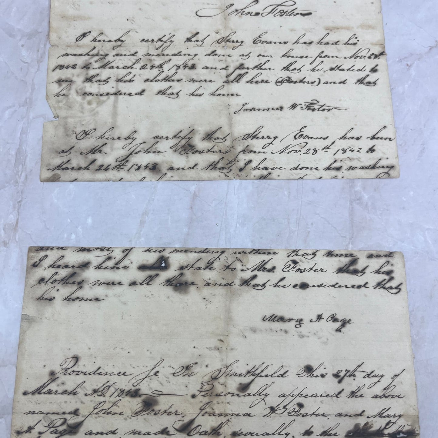 1843 Handwritten Testimony Providence Smithfield RI John Foster Sterry Evans AE6