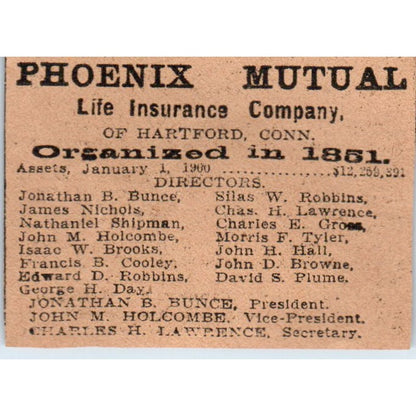 Phoenix Mutual Life Jonathan B. Bunce Hartford 1901 Newspaper Ad AD8-HS1