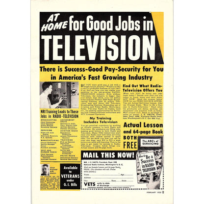 Jobs in Television - J.E Smith National Radio Institute Washington 1955 Ad AG1-7