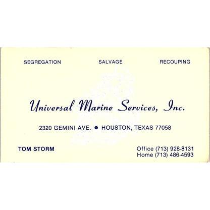 Tom Storm Universal Marine Services Inc Houston Vintage Business Card SD9-B7