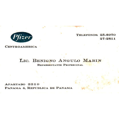 Pfizer Centroamerica Lic Benigno Angulo Marin Panama Vtg Business Card SD8-B17
