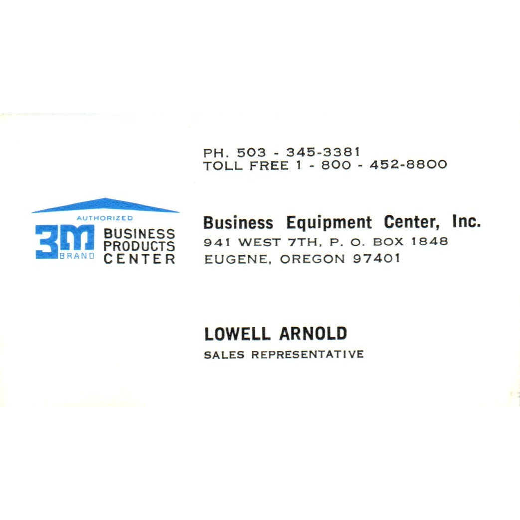Lowell Arnold 3M Business Equipment Center Eugene OR Vtg Business Card SE3-B3
