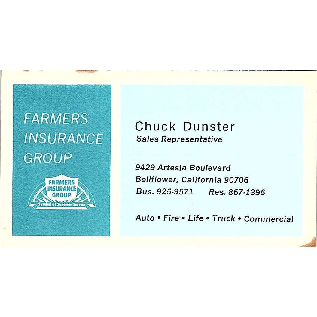 Farmers Insurance Group Chuck Dunster Bellflower CA Vintage Business Card SB4-B3