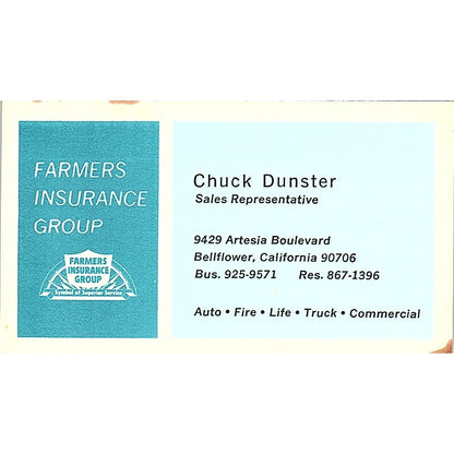 Farmers Insurance Group Chuck Dunster Bellflower CA Vintage Business Card SB4-B3