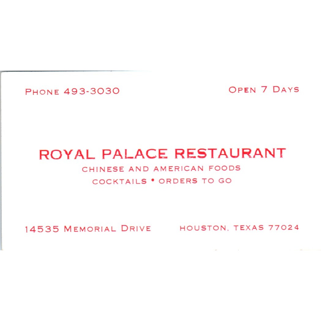 Royal Palace Chinese Restaurant Houston TX Vintage Business Card SE3-B6