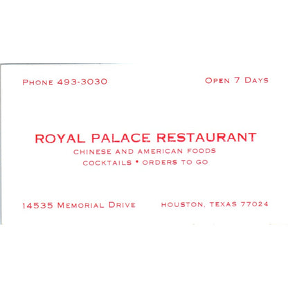 Royal Palace Chinese Restaurant Houston TX Vintage Business Card SE3-B6