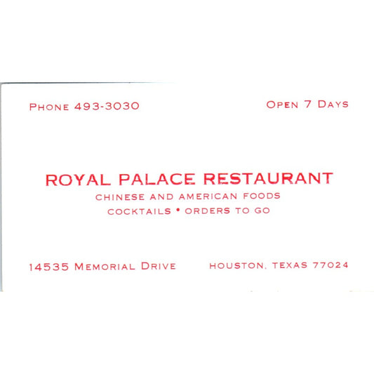 Royal Palace Chinese Restaurant Houston TX Vintage Business Card SE3-B6