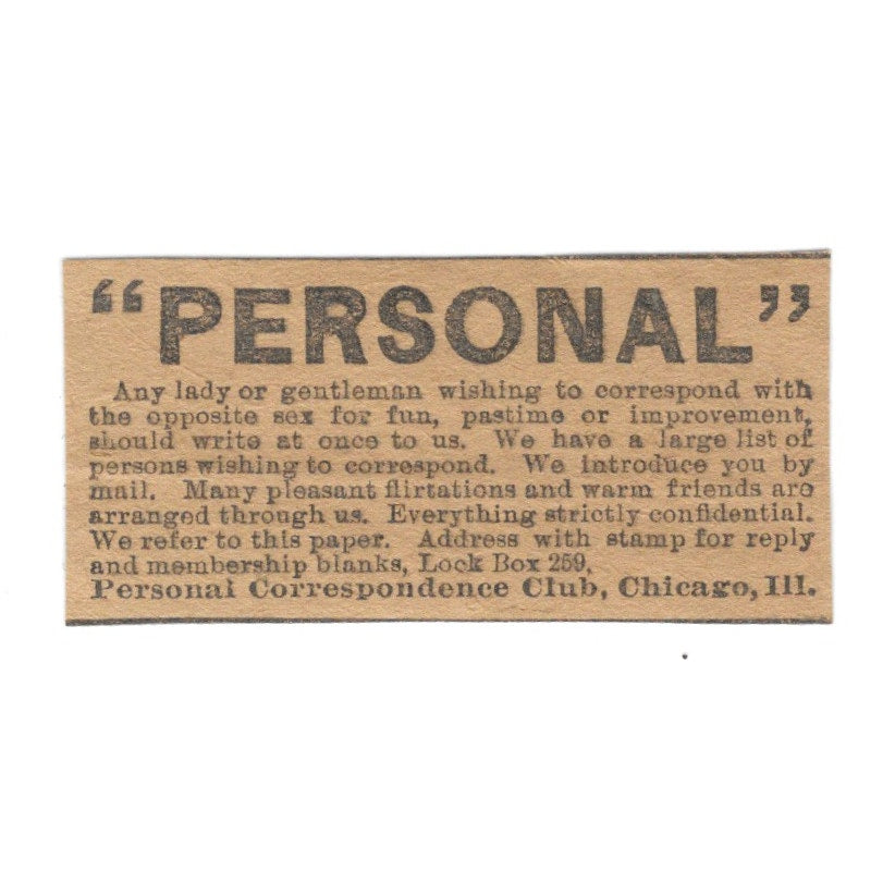 Personal Correspondence Club - Dating By Mail Chicago 1906 Original Ad AK6-S11