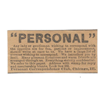 Personal Correspondence Club - Dating By Mail Chicago 1906 Original Ad AK6-S11
