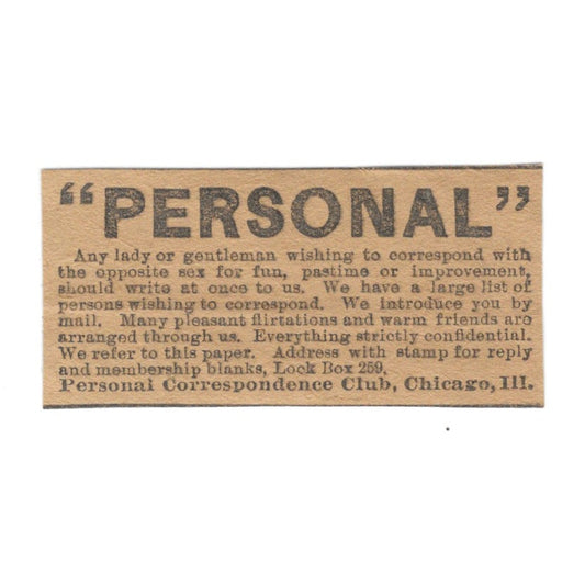 Personal Correspondence Club - Dating By Mail Chicago 1906 Original Ad AK6-S11