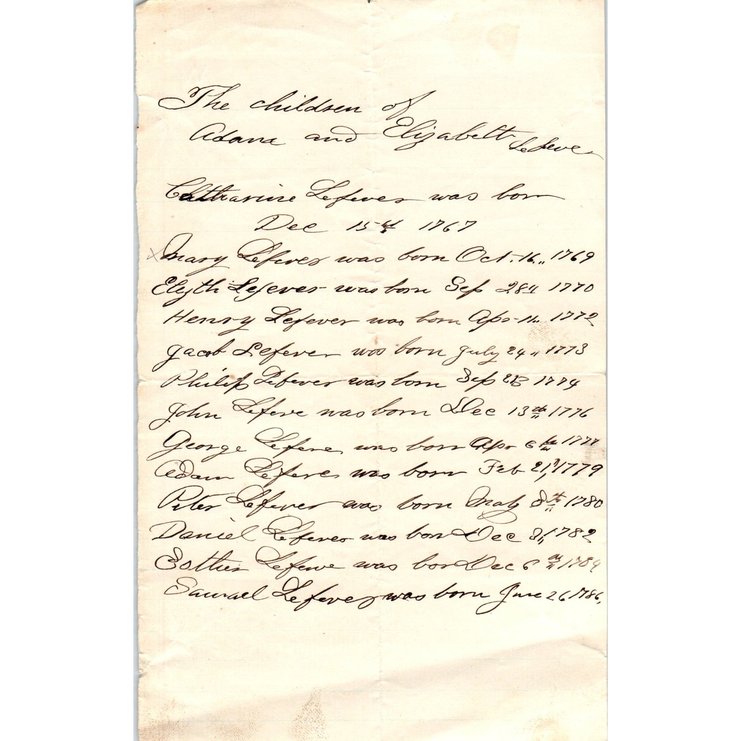 1870s Handwritten Genealogy Document - Children of Adam & Elizabeth Lefever D21