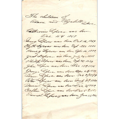 1870s Handwritten Genealogy Document - Children of Adam & Elizabeth Lefever D21