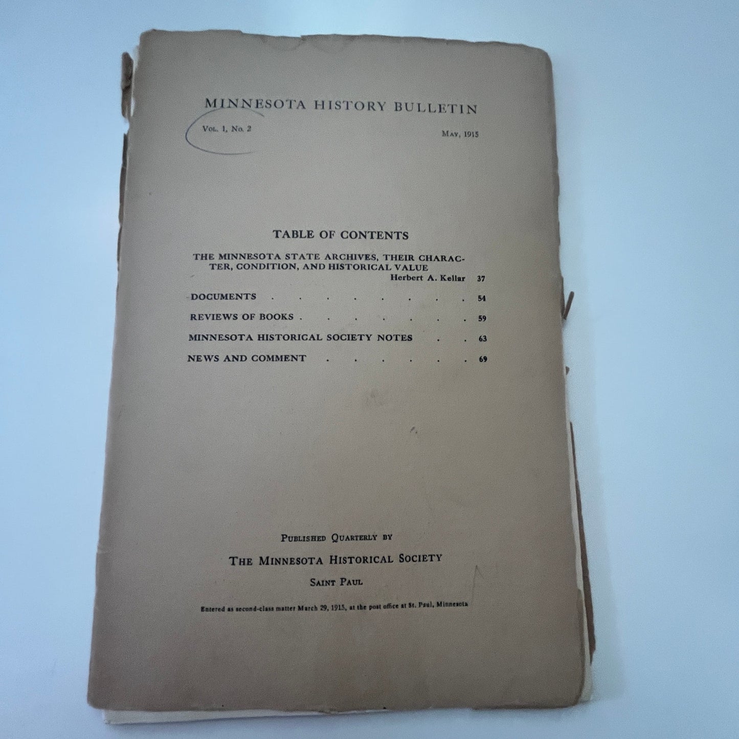 1915 Minnesota History Bulletin Minnesota Historical Society Booklet TG2-OB