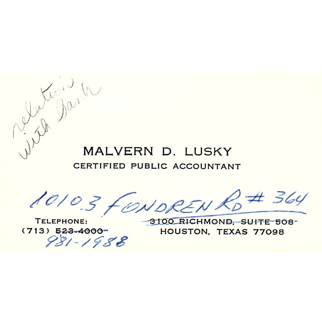 Malvern D Lusky CPA Houston Vintage Business Card SD9-B1