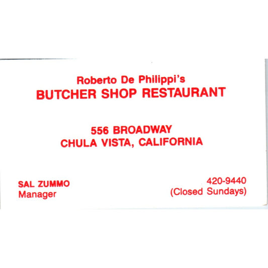Roberto De Phillippi's Butcher Shop Restaurant Chula Vista Business Card SD8-B6