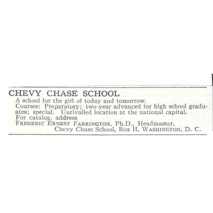 Chevy Chase School Washington DC Frederic Ernest Farrington c1920 Ad AG4-S9