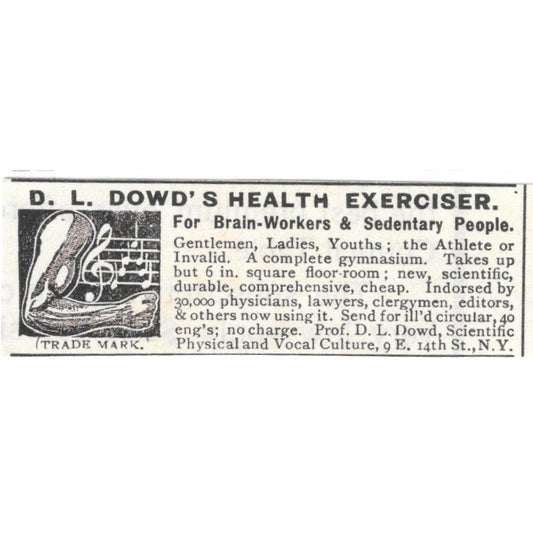 Dr. D.L. Dowd Health Exercises E. 14th St. NY 1892 Ad AG2-S25