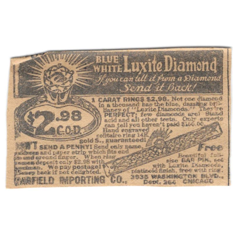Garfield Importing Co Chicago Luxite Diamond Ring 1923 Magazine Ad Clip AE1-6