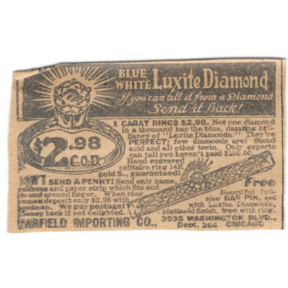 Garfield Importing Co Chicago Luxite Diamond Ring 1923 Magazine Ad Clip AE1-6
