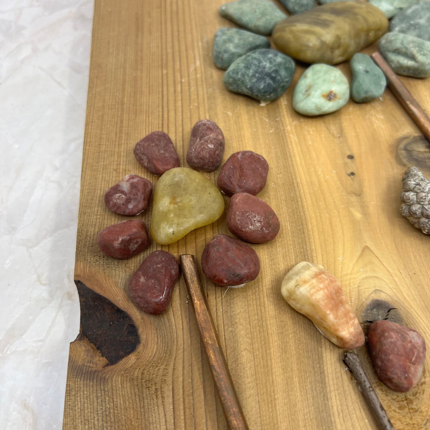 Rustic Wood, Copper and Rock Original Folk Wall Art Floral 7x14” TF5