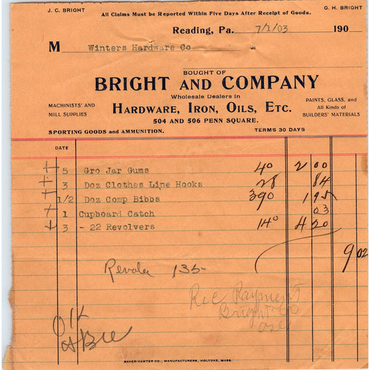 1903 Bright & Company Hardware Reading PA Original Billhead Receipt AE7-1