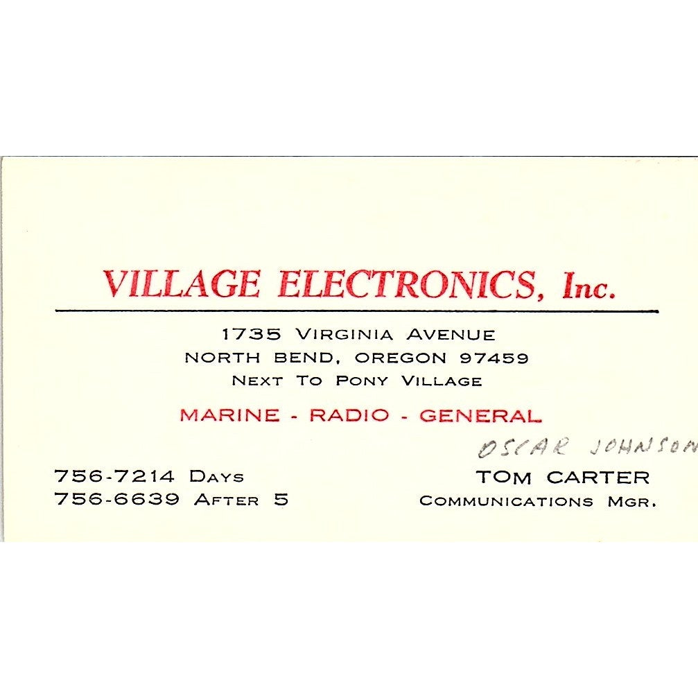 Village Electronics Tom Carter North Bend Oregon Vintage Business Card SF3-B7