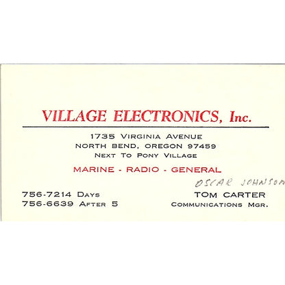 Village Electronics Tom Carter North Bend Oregon Vintage Business Card SF3-B7