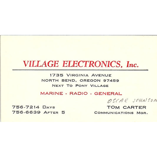 Village Electronics Tom Carter North Bend Oregon Vintage Business Card SF3-B7