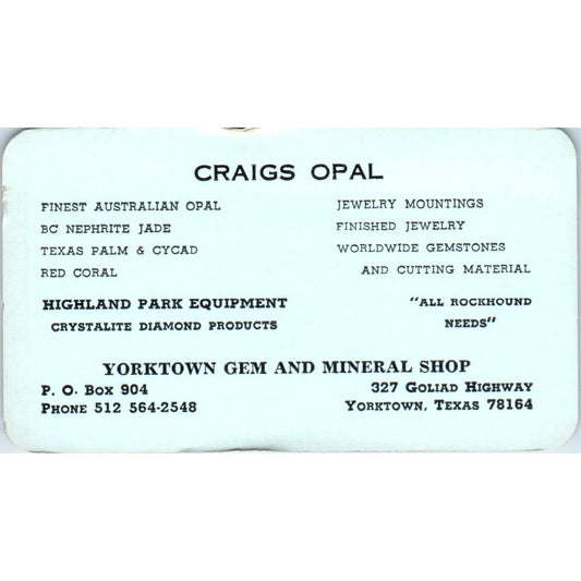 Craigs Opal Yorktown Gem & Mineral Shop Yorktown TX Vintage Business Card SD8-B6