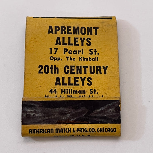 Apremont Alleys, 20th Century Alleys Bowling CT Vtg Matchbook Cover TB6-MB1-6